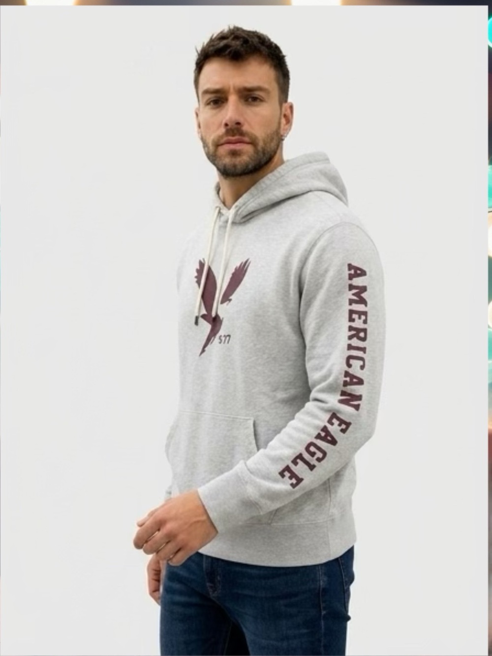 American Eagle Outfitters Light Gray Hoodie with Maroon Logo and Sleeve Text